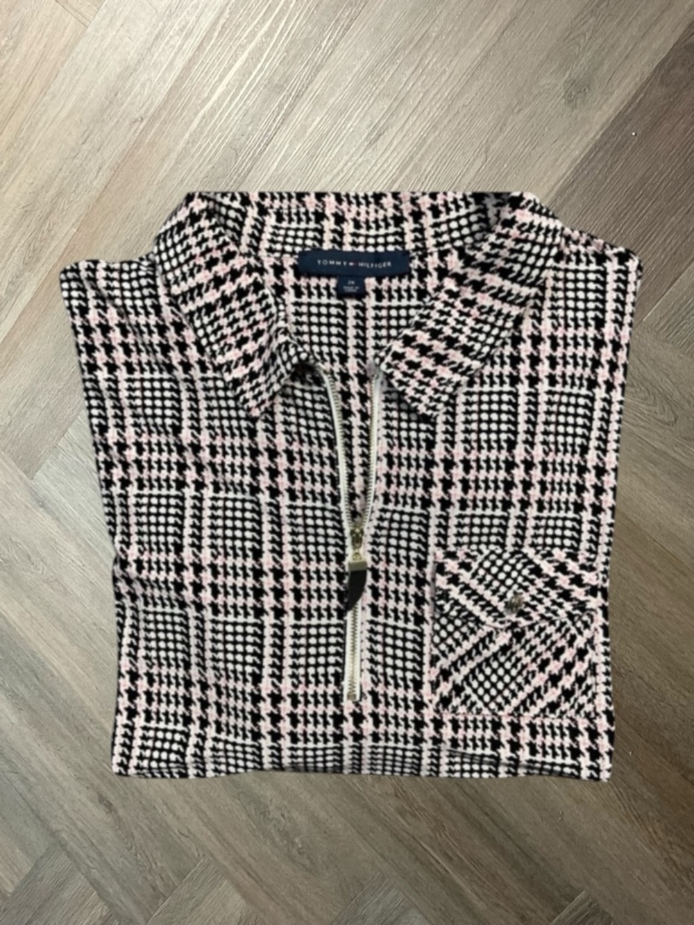 Tommy Hilfiger Houndstooth Plaid Top Womens 2XL Black Pink Quarter Zip Pullover